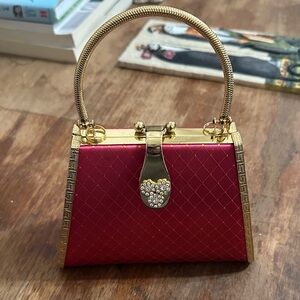 Unique Vintage Red and Gold Clasped Handbag